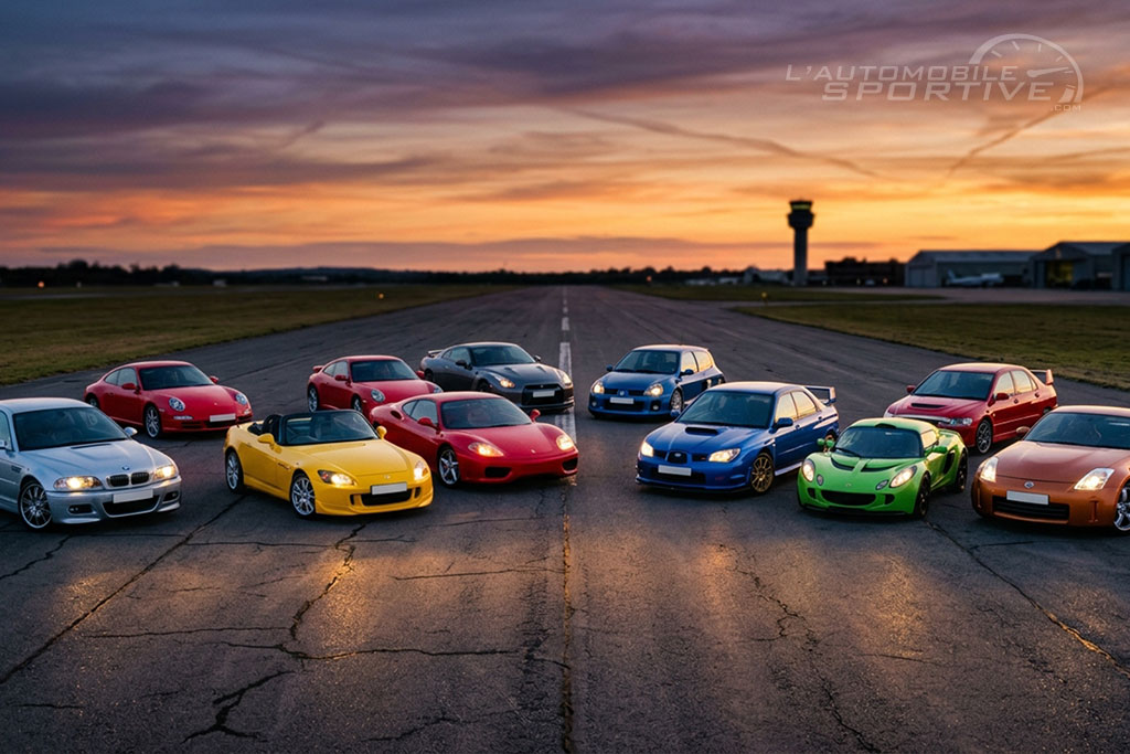 Rassemblement de dix sportives embl&eacute;matiques des ann&eacute;es 2000 sur une piste d'aviation au cr&eacute;puscule : BMW M3 E46, Porsche 911, Ferrari 360, Honda S2000, Subaru STI et Nissan 350Z.